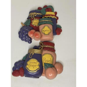 Vintage Home Interior Plaque Set Featuring Fruit Jam Jars and Fruits